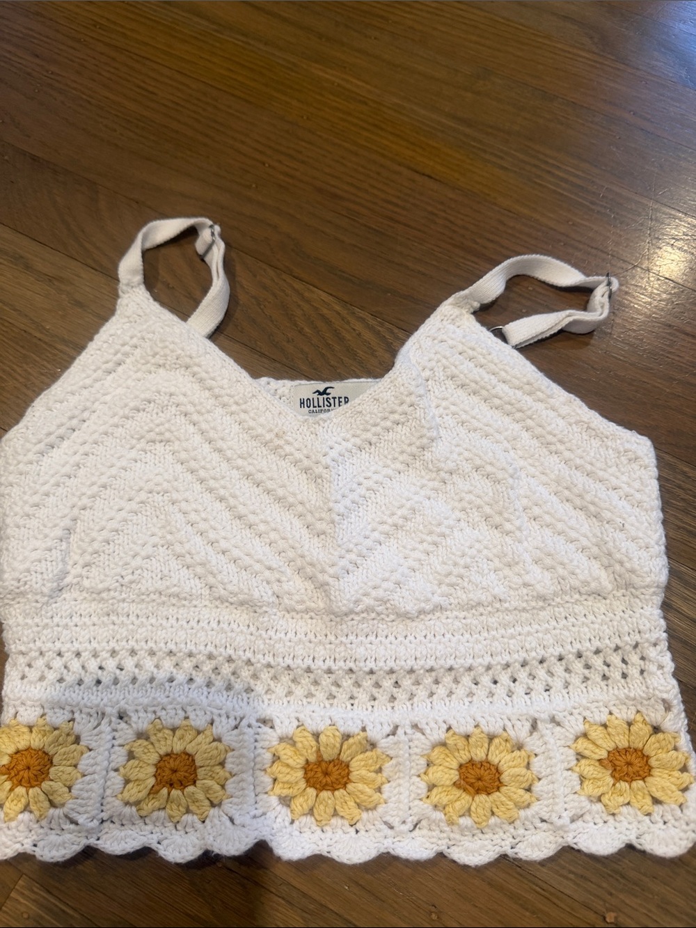 Hollister White Crochet Crop Top with Yellow Sunflower Trim